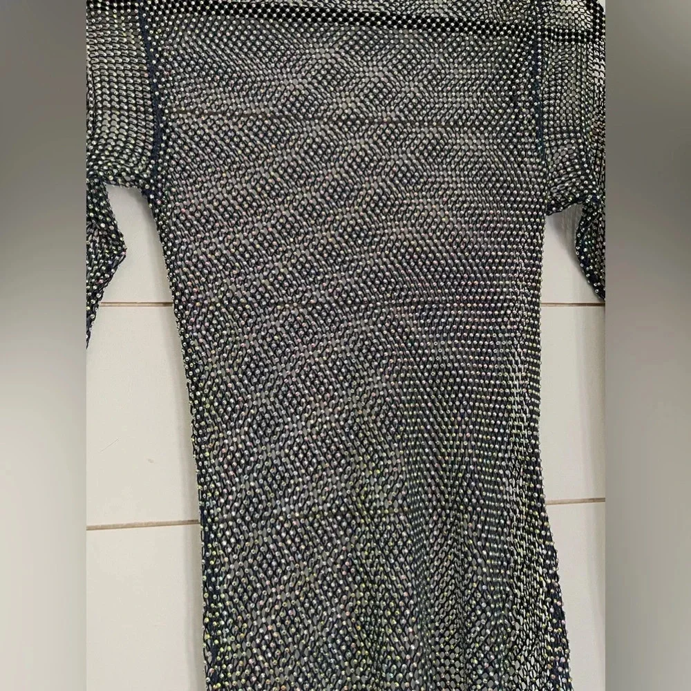 NEW Free People Filter Finish Long Sleeve Netted Rhinestone Top Navy Small